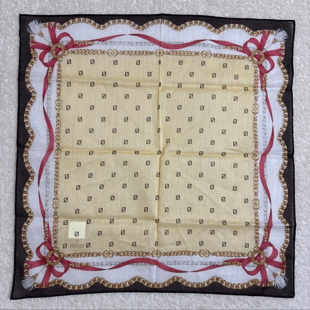 FENDI Cotton Scarf 17inches Chain Ribbon Logo Border Elegant - Picture 9 of 9